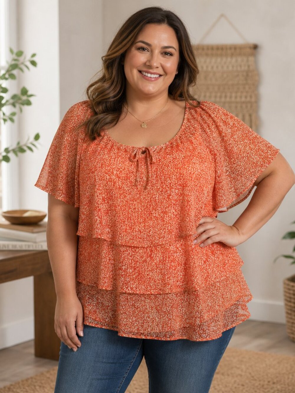 CJ Banks Orange Tiered Ruffle Flutter Sleeve Blouse – Size 1X (Like New)